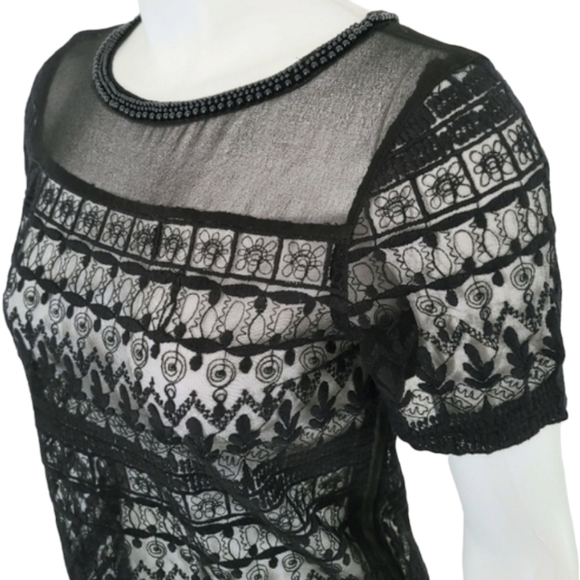 ZARA Black Crochet Lace Tee XS Beaded Neckline Sheer Mesh Nylon Punk Goth - Picture 11 of 14